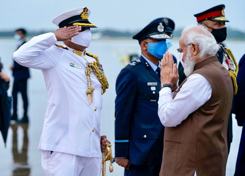 Prime Minister Narendra Modi being welcomed by a US Navy officer on his arrival in Washington DC, Thursday, September 23, 2021. (PTI Photo